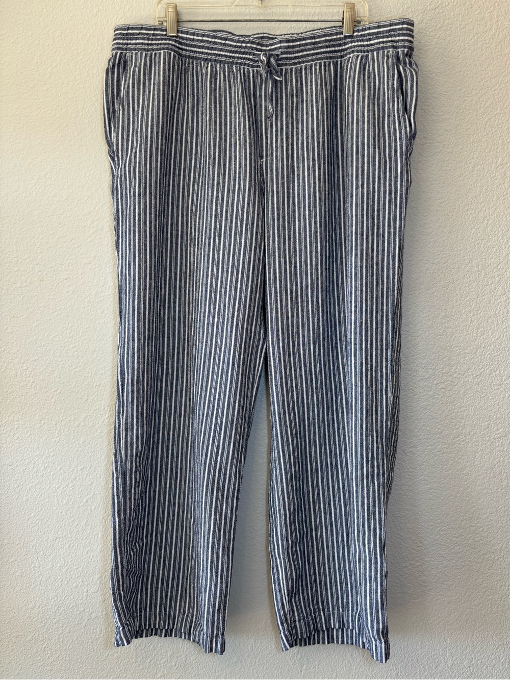 Old Navy Women's Blue Striped High Rise Linen-Blend Wide-Leg Pants XL Pockets